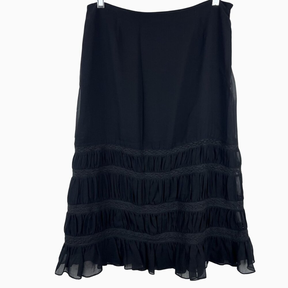 Y2K Women Medium Black Whimsy Goth Cottage Core Tiered Midi Skirt Side Zip Lined